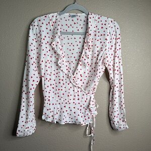 Rails Heart Print Wrap Top Deep V Ruffle Hem Long Sleeve XS